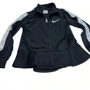 Nike Zip Up Jacket Girls Black and pink Swoosh Ruffle Hem Size 6 (5-6 Yrs)